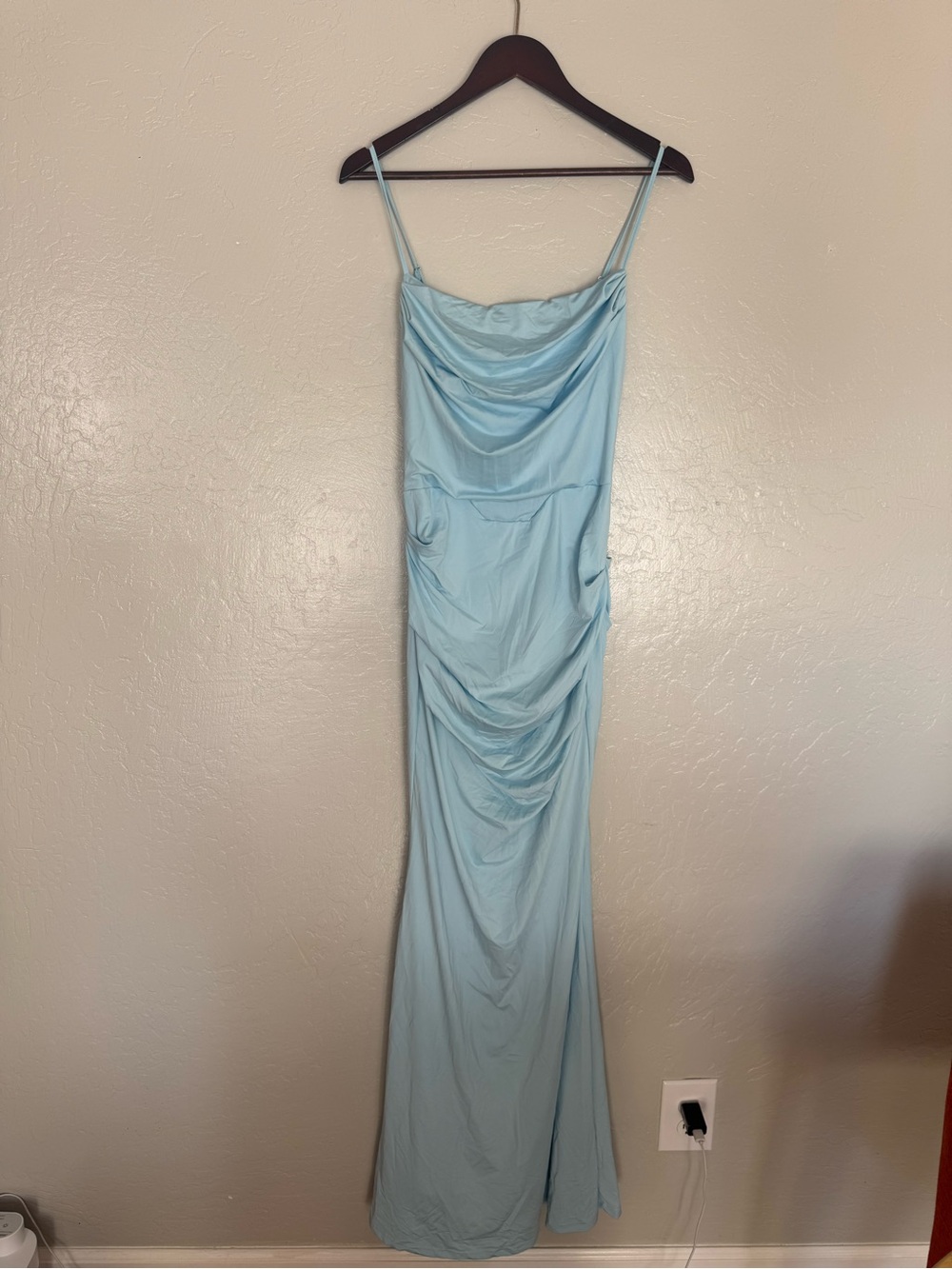 Light Blue Ruched Slip Dress with Cowl Neck